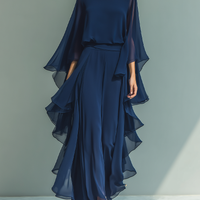 Women’s Navy Chiffon Flare Sleeve Ruched Waist Elegant Blouse MDZ1697D8T