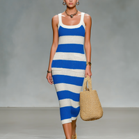 Women's Minimalist Striped Knit Midi Dress With Wide Straps MDZ1645D2Y