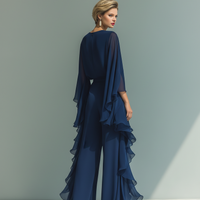 Women’s Navy Chiffon Flare Sleeve Ruched Waist Elegant Blouse MDZ1697D8T