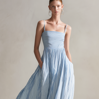 Women's Casual Light Blue Striped Woven Sleeveless Spaghetti-Strap Maxi Dress MDZ1634D5LXY