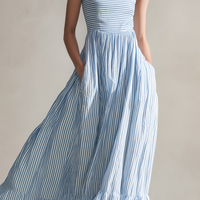 Women's Casual Light Blue Striped Woven Sleeveless Spaghetti-Strap Maxi Dress MDZ1634D5LXY