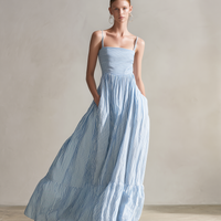 Women's Casual Light Blue Striped Woven Sleeveless Spaghetti-Strap Maxi Dress MDZ1634D5LXY