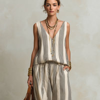 Women's Casual Black And White Striped Woven V-Neck Sleeveless Top With Trousers MDZ1701D4LXY