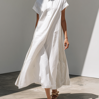 Women's Loose-Fit Dress With Stand Collar, White Stripes, And Patchwork Detail — Oriental Minimalist Zen Style MDZ2012D3ZJW