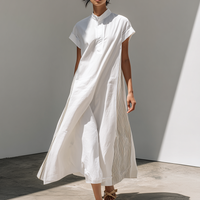 Women's Loose-Fit Dress With Stand Collar, White Stripes, And Patchwork Detail — Oriental Minimalist Zen Style MDZ2012D3ZJW
