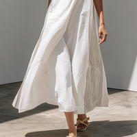 Women's Loose-Fit Dress With Stand Collar, White Stripes, And Patchwork Detail — Oriental Minimalist Zen Style MDZ2012D3ZJW