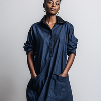 Women's Minimalist Workwear-Style Commuter Dress — Loose-Fit, Distressed Dark Blue, With Leather Collar MDZ2093D9ZJW