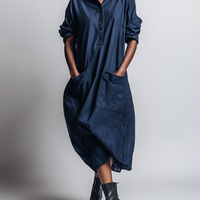 Women's Minimalist Workwear-Style Commuter Dress — Loose-Fit, Distressed Dark Blue, With Leather Collar MDZ2093D9ZJW