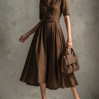 Women's Vintage Brown Cotton-Blend Polka Dot Waisted Shirt Midi Dress MDZ2138D3GMJ