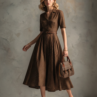 Women's Vintage Brown Cotton-Blend Polka Dot Waisted Shirt Midi Dress MDZ2138D3GMJ
