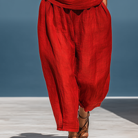 Women’s Red Linen-Blend Two-Piece Set: Asymmetrical One-Shoulder Top (Without Neck Scarf) & Wide-Leg Pants With Pockets MDZ2201D4T