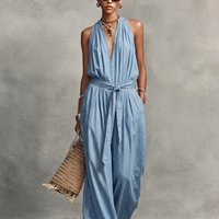 Women's Casual Light Blue Denim-Look Halter V-Neck Tie-Waist Wide-Leg Jumpsuit MDZ2269D0GMJ