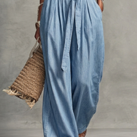 Women's Casual Light Blue Denim-Look Halter V-Neck Tie-Waist Wide-Leg Jumpsuit MDZ2269D0GMJ