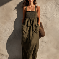 Women's Casual Olive Green Cotton-Linen Maxi Dress — Square Neck, Sleeveless MDZ2308D5LXY