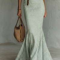 Women's Minimalist Striped Linen-Blend Single-Breasted Sleeveless Bodycon Fishtail Maxi Dress (Belt Not Included) MDZ2321D8Y