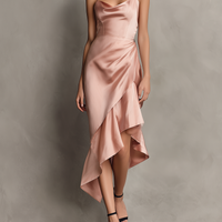 Women's Elegant & Minimalist Satin Midi Dress — Spaghetti Straps, Cowl Neck, And Asymmetrical Hem MDZ2348D8Y