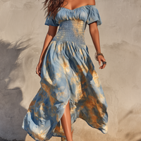 Women's Vacation Off-Shoulder Short-Sleeve Maxi Dress With Watercolor Ombré Print MDZ2374D3Y