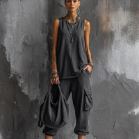 Women's Casual Style Dark Gray Cotton Blend Sleeveless Top + Jogger Cargo Pants Set MDZ2365D7GMJ