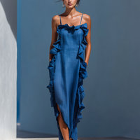 Women’s Blue Linen-Blend Spaghetti Strap Ruffle Trim Maxi Dress With Slit MDZ2407D1T