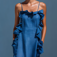 Women’s Blue Linen-Blend Spaghetti Strap Ruffle Trim Maxi Dress With Slit MDZ2407D1T