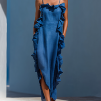 Women’s Blue Linen-Blend Spaghetti Strap Ruffle Trim Maxi Dress With Slit MDZ2407D1T