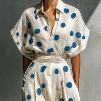 Women’s Off-White Linen-Blend Polka Dot Shirt Dress With Waist Cincher & Pockets MDZ2481D3T