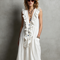 Women's Casual White Cotton-Linen Maxi Dress — V-Neck, Ruffled, Sleeveless MDZ2418D0LXY