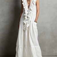 Women's Casual White Cotton-Linen Maxi Dress — V-Neck, Ruffled, Sleeveless MDZ2418D0LXY