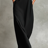 Women's Black Linen-Blend Maxi Dress With High Neck & Side Pockets, Timeless Minimalist Casual Dress MDZ2597D7LYL