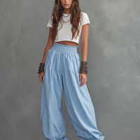 Women's Minimalist Linen-Blend Balloon Pants With Elastic High Waist And Ruffled Cuffs MDZ2585D3Y