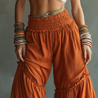 Women's Minimalist Linen-Blend Wide-Leg Pants With Elastic High Waist And Ruffles MDZ2572D4Y