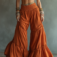 Women's Minimalist Linen-Blend Wide-Leg Pants With Elastic High Waist And Ruffles MDZ2572D4Y