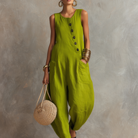 Women's Minimalist Loose-Fit Linen-Blend Sleeveless Jumpsuit With Asymmetrical Buttons MDZ2567D3Y
