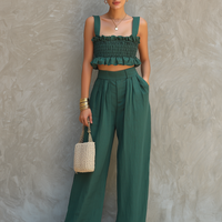 Women's Minimalist Blended Set: Sleeveless, Ruffled, Square-Neck Top & Wide-Leg Pants MDZ2555D7Y
