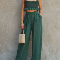 Women's Minimalist Blended Set: Sleeveless, Ruffled, Square-Neck Top & Wide-Leg Pants MDZ2555D7Y