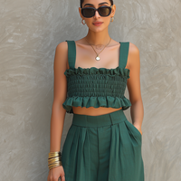 Women's Minimalist Blended Set: Sleeveless, Ruffled, Square-Neck Top & Wide-Leg Pants MDZ2555D7Y