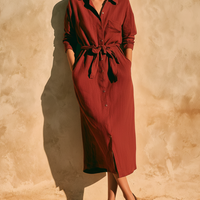 Women's Casual Retro Wine-Red Cotton-Linen Shirt Dress With Mid-Length Sleeves MDZ2512D1ZJW