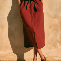 Women's Casual Retro Wine-Red Cotton-Linen Shirt Dress With Mid-Length Sleeves MDZ2512D1ZJW