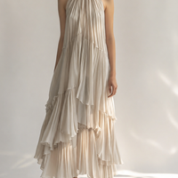 Women's Elegant & Minimalist Off-White Sleeveless Chiffon Maxi Dress — Ruffled Collar & Tiered Pleats MDZ2515D1ZJW