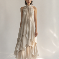 Women's Elegant & Minimalist Off-White Sleeveless Chiffon Maxi Dress — Ruffled Collar & Tiered Pleats MDZ2515D1ZJW