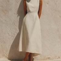 Women's Minimalist White Sleeveless A-Line Cotton-Linen Midi Dress MDZ2529D3ZJW