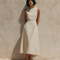 Women's Minimalist White Sleeveless A-Line Cotton-Linen Midi Dress MDZ2529D3ZJW