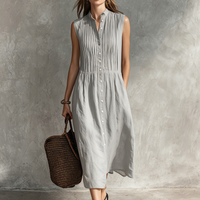 Women's Casual Grey Cotton-Linen Sleeveless Midi Dress With Round Neck MDZ2549D5LXY