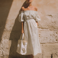 Women's Casual Retro-Elegant Striped Off-Shoulder Short-Sleeve Midi Dress MDZ2522D6ZJW