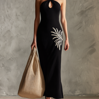 Women's Casual Black Cotton-Linen Halter-Neck Sleeveless Maxi Dress With White Embroidery MDZ2786D6LXY