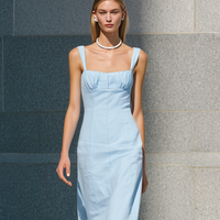 Women's Casual Light Blue Woven Sleeveless Maxi Dress With Spaghetti Straps MDZ2798D7LXY