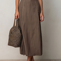 Women's Brown Linen-Blend Midi Dress With Contrast Stitch & Button Front, Timeless Casual Everyday Dress MDZ2700D0LYL