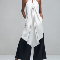Women’s White Halter Neck Asymmetrical Tunic Top & Black Wide-Leg Pants Two-Piece Set MDZ2764D6T