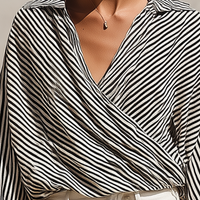 Women’s Black & White Striped Wrap Blouse & White High-Waisted Shorts Two-Piece Set MDZ2724D6T