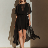 Women’s Black Sheer Chiffon High-Low Dress With Dolman Sleeves & Lining MDZ2795D7T